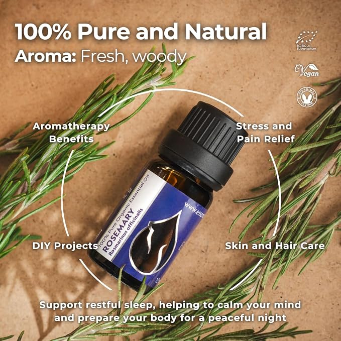 Essences Bulgaria Organic Rosemary Essential Oil 1/3 Fl Oz | 10ml | Rosmarinus officinalis | 100% Pure and Natural | Undiluted | Therapeutic Grade | Family Owned Farm | Steam-Distilled | Non-GMO