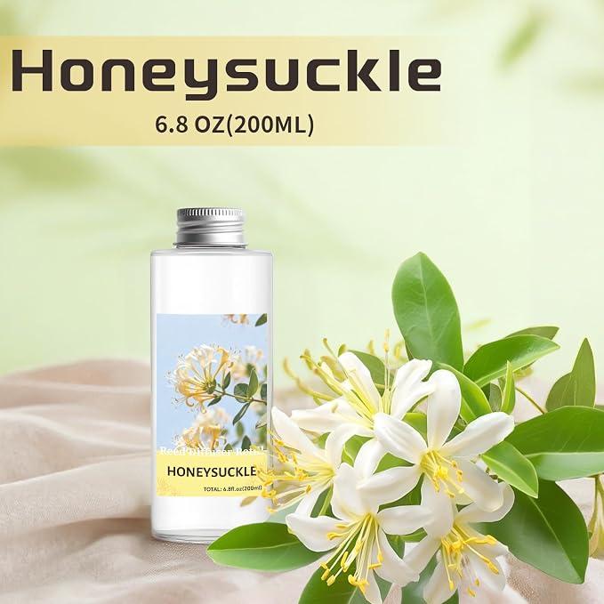 STRN Reed Diffuser Oil Refill, Honeysuckle Scented Diffuser Oil Refills with 6 Reed Sticks 200ML(6.8fl.oz), Room Fresheners for Home, Long-Lasting Summer Fragrance for Living Room, Bedroom, Office