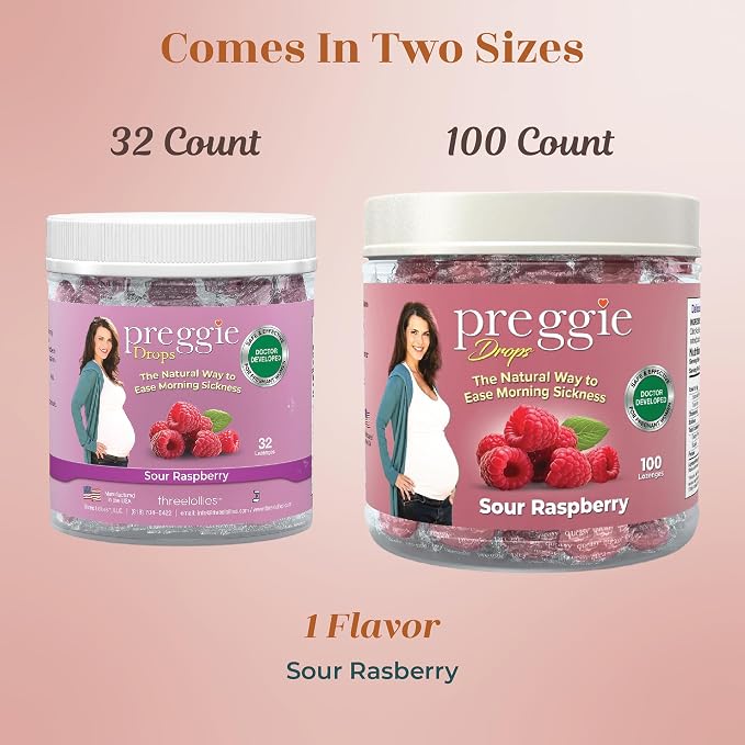 Three Lollies Preggie Drops Plus Pregnancy Nausea Relief Drops with Vitamin B6 and Essential Oils, Morning Sickness and Queasy Stomach Support for Pregnant Women, Sour Raspberry, 100 Count