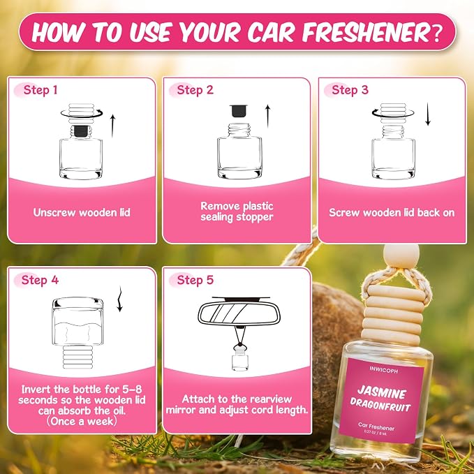 Premium Car Air Freshener Diffuser Set (2 Pack) - Jasmine Dragonfruit Fragrance Oil, 45+ Day Long-Lasting Hanging Auto Freshener