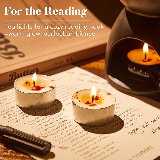 8 Pack Rose Tealight Candles with Real Dried Petals, Natural Soy Wax, 6-Hour Burn Time for Home, Wedding or Bath Decor