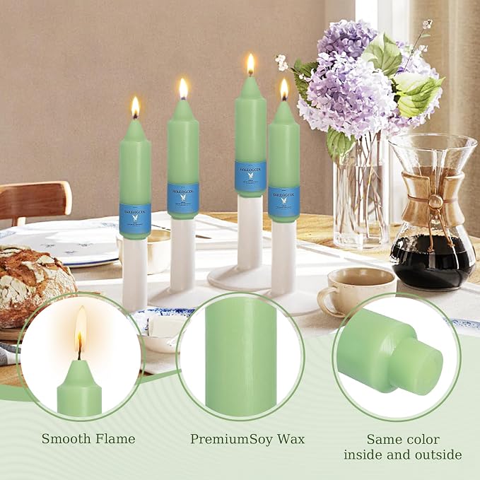 Smokeless Candlesticks Short Taper Candle,Unscented 5 Inches Light Green Candle Sticks Dripless Tapered Candles for Home Décor Weddings Seasons Gifts(4pcs-Light Green)