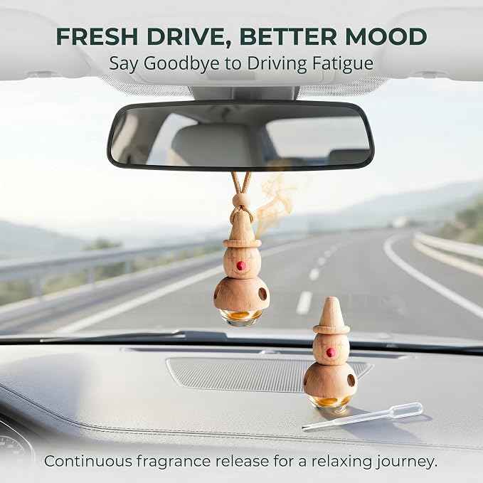 2 Pack Snowman Hanging Glass Car Diffuser Empty Oil Bottles | Wood lids & matching droppers, refillable bottles for car closet bathroom indoor aroma decor gifts