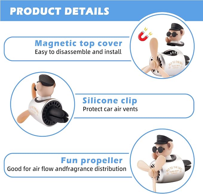 2pcs Car Air Fresheners Cute Cartoon Bear Pilot Automotive Air Outlet Propeller Car Diffuser Creative Car Perfume Decoration for Car Vent Clips for Women Men with 8 Fragrant Tablets(Bear + Teddy Bear)