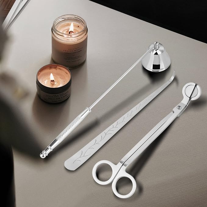 Kirecoo 3 in 1 Candle Accessory Set, Candle Wick Trimmer Cutter, Snuffer, Dipper, Wick Care Kit with Trimmer, Dipper and Extinguisher (Silver)