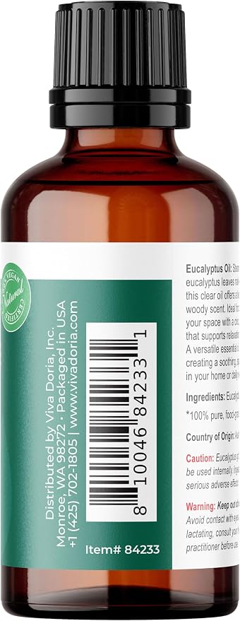 Viva Doria Eucalyptus Essential Oil, 100% Pure, Natural, Essential Globulus Oil, Australian Type, Undiluted, for Aromatherapy | Food Grade, 30 mL (1 Fluid Ounce)