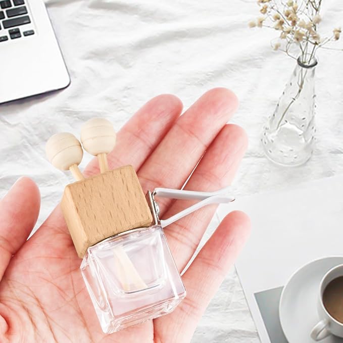 50 Pack,8ml Clear Glass Car Air Freshener Perfume Clip Diffuser,Empty Essential Oil Perfume Vials Diffuser Vent Outlet,Thick Auto Glass Ornament with Wooden Caps,Stick for Car Scent Fragrance