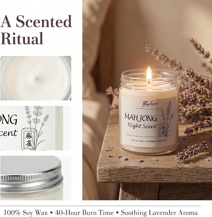 Mahjong Night Scent Candle - Unique Game Night Gift Idea, Soy Wax Aromatherapy Candle for Mahjong Night, Friends Game Party, Mahjong Lovers Gifts for Women Men | Lavender Scents, 9oz