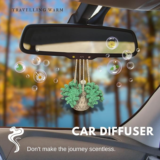 ROFIGL Handmade Crochet Car Air Freshener - Adorable Bendable Fern Plant with 8ml Empty Refillable Oil Diffuser Bottle, Suitable for Car Rearview Mirror Hanging, Home & Office Decor