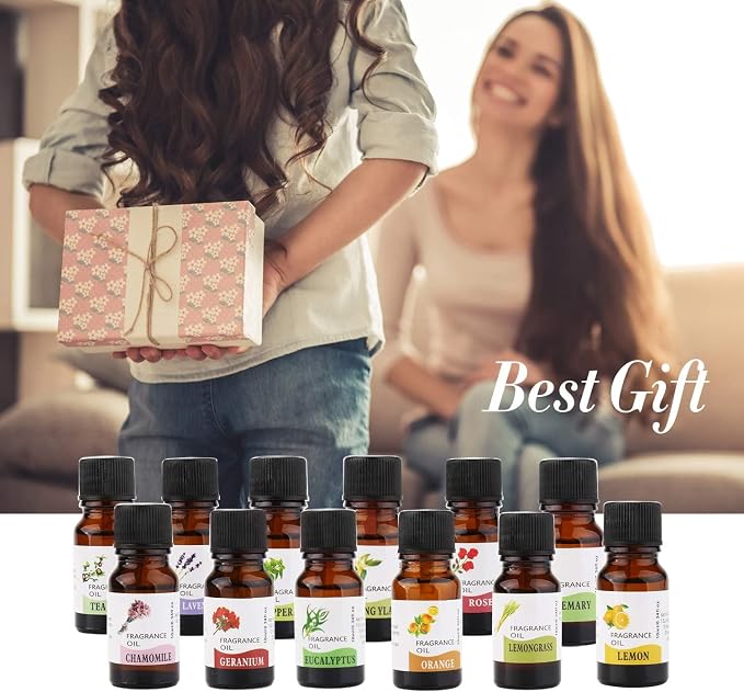 Premium 12-Bottle Aromatherapy Essential Oil Set -Therapeutic, Relaxation, Wellness, Diffuser, Massage & DIY Chamomile, Rosemary, Peppermint, Rose, Tea Tree, Eucalyptus, Geranium, Ylang Ylang