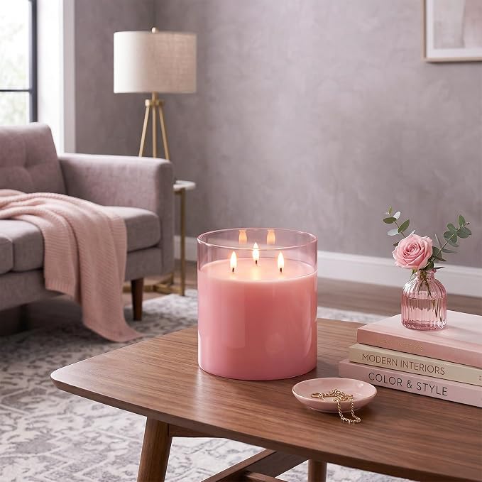 Homemory 6x6 Extra Large Flameless Candle with 3 Wicks, Pink Glass LED Pillar Candle, Real Wax Battery Operated Candle with Remote and Timer, Flickering Flameless Candle Home Wedding Valentine Decor