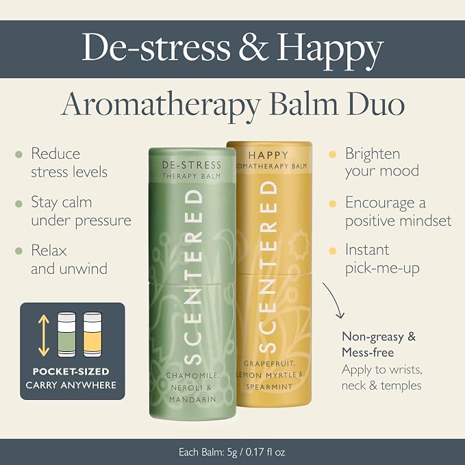 Scentered Aromatherapy Balm Sticks for Stress Relief & Positivity - Roll On Essential Oil Blends of Grapefruit, Lemon, Chamomile - Aromatherapy Gifts for Women - De-Stress & Happy