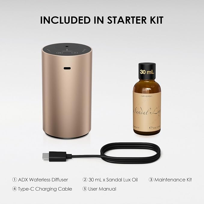 Waterless Essential Oil Diffuser Starter Kit with 30mL Santal Lux Fragrance Oil Inspired by Luxury Hotel Scent for Home Car Office, Aroma Air Diffuser, Baterry Operated, ADX-Kit Metal Desert Titanium
