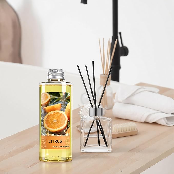 STRN Reed Diffuser Oil Refill, Citrus Scented Diffuser Oil Refills with 6 Reed Sticks 200ML(6.8fl.oz), Room Fresheners for Home, Long-Lasting Summer Fragrance for Living Room, Bedroom, Office