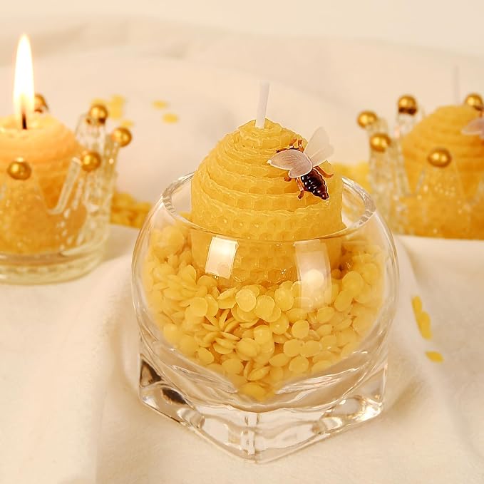 DEYBBY Natural Beeswax Candles Bulk Set of 12, Small Bees Wax Votive Candles with Little Bee Decorations as Housewarming Birthday Event Gift Party Favor (Yellow)