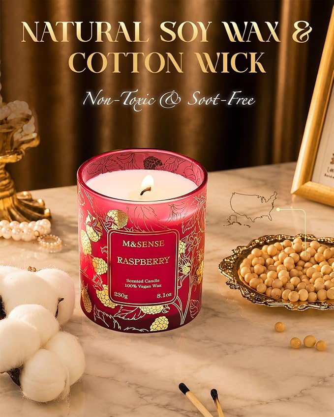 M&SENSE Raspberry Scented Vegan Soy Candles, No Toxin Refreshing Fragrance, 8.1oz 42-Hour Long Burning, Stress Relief Summer Home Candles, Housewarming Gift for Men & Women