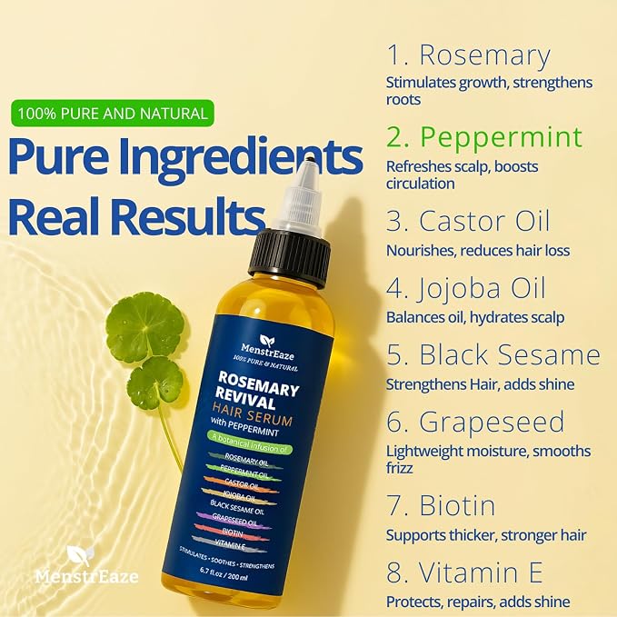 Rosemary, Peppermint & Castor Oil for Hair Growth & Scalp Refresh (6.7 fl oz), Infused with Biotin, Black Sesame, Grapeseed, Jojoba, & Vitamin E Oils for Itchy Scalp, Refreshing & Hydration