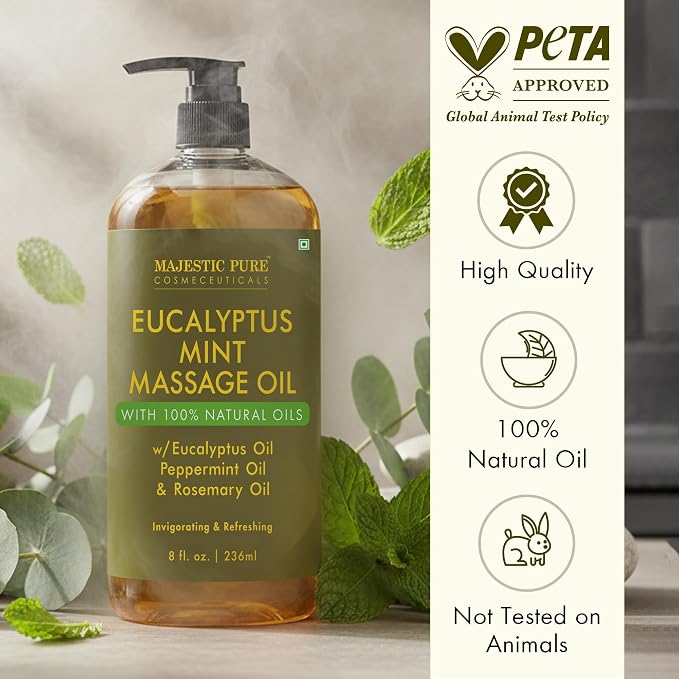 MAJESTIC PURE Eucalyptus Mint Massage Oil for Massage Therapy - Refreshing, and Relaxing - Natural Oils with Eucalyptus Essential Oil - for All Skin Types - Men and Women Massage Lotion- 8 fl oz