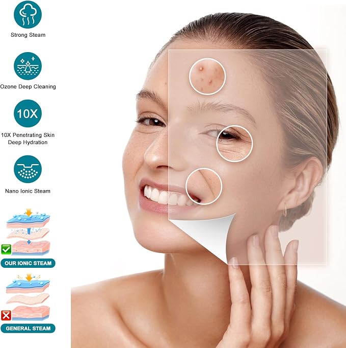 Facial Steamer, Nano Ionic Face Steamer for Facial Deep Cleaning Portable Ozone Steamer with Extendable 360° Rotating Arm, Humidifier for Home Salon Spa or Personal Care (Black)