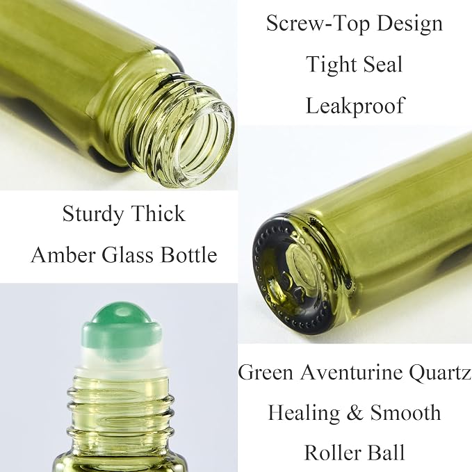 Qeuly 6 Pack Green Aventurine Quartz Roller Bottles for Essential Oils, 10ml Amber Glass Roll on Bottles with Natural Crystal Balls, Leak-Proof Travel Size Perfume Roller Bottle (Olive green)