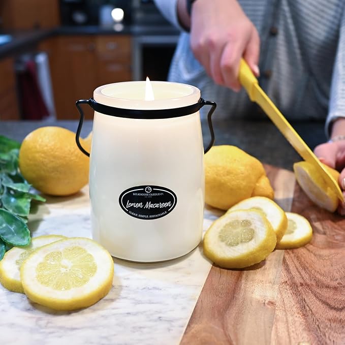 Milkhouse Candle Company Lemon Macaroon Soy Candle - Vanilla | Lemon | Citrus Scented - 22 oz Butter Jar with Lid, 120+ Hour Burn Time, Made in the USA