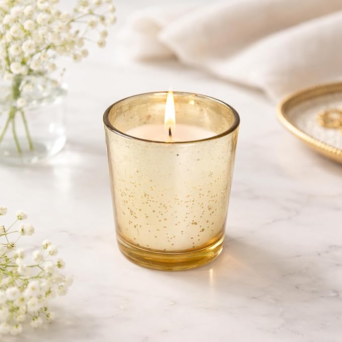 Hosley Set of 12 Gold Mercury Filled Glass Votive Candles. Ideal Gift for Weddings, Bridal Showers, Parties, Home Decor, and Special Events
