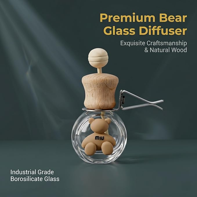2 Pack Bear Car Vent Clip Diffuser Refillable Empty Glass Bottle | Wood cap glass diffuser with dropper, DIY essential oil freshener for car wardrobe bathroom home