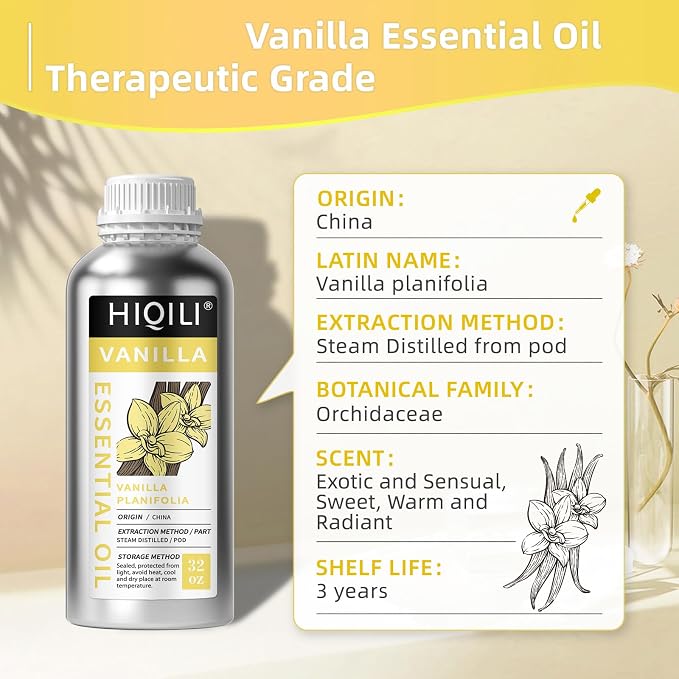 HIQILI Vanilla Essential Oil - 32 Fl Oz | Strong Fragrance for Body Lotion, Candle Making, Soap, Aromatherapy