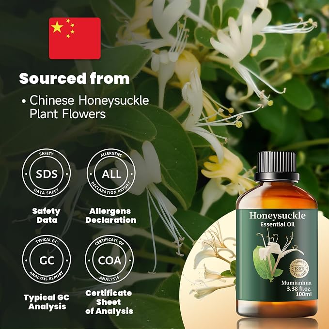 Honeysuckle Essential Oil, Mumianhua Pure Floral Scent for Evening Wind‑Down, Calming Aroma for Bedroom Diffuser, Pillow Mist, DIY Candle & Soap Making – 3.38 Fl Oz