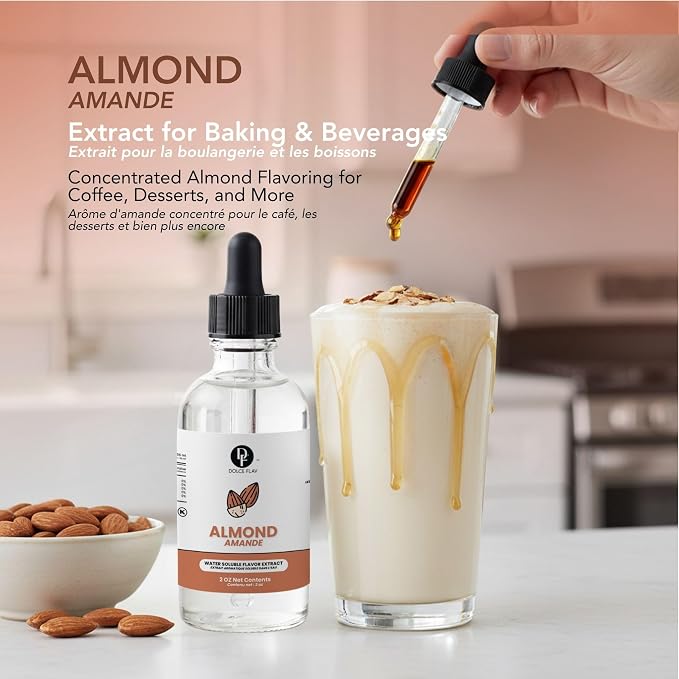 Dolce Flav Natural Almond Extract – 2 Ounce Water-Soluble Kosher, Sugar-Free, Concentrated Birthday Cake Flavor for Frosting, Cupcakes & Ice Cream, Includes Measured Dropper