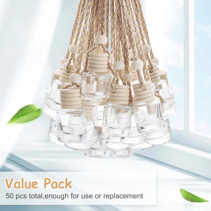 50 Pcs Car Essential Oil Hanging Bottle Empty Car Air Freshener Diffuser Bottle Perfume Glass Bottle Pendant Aromatherapy Fragrance Bottle Auto Car Interior Ornaments Decor (Round shape)