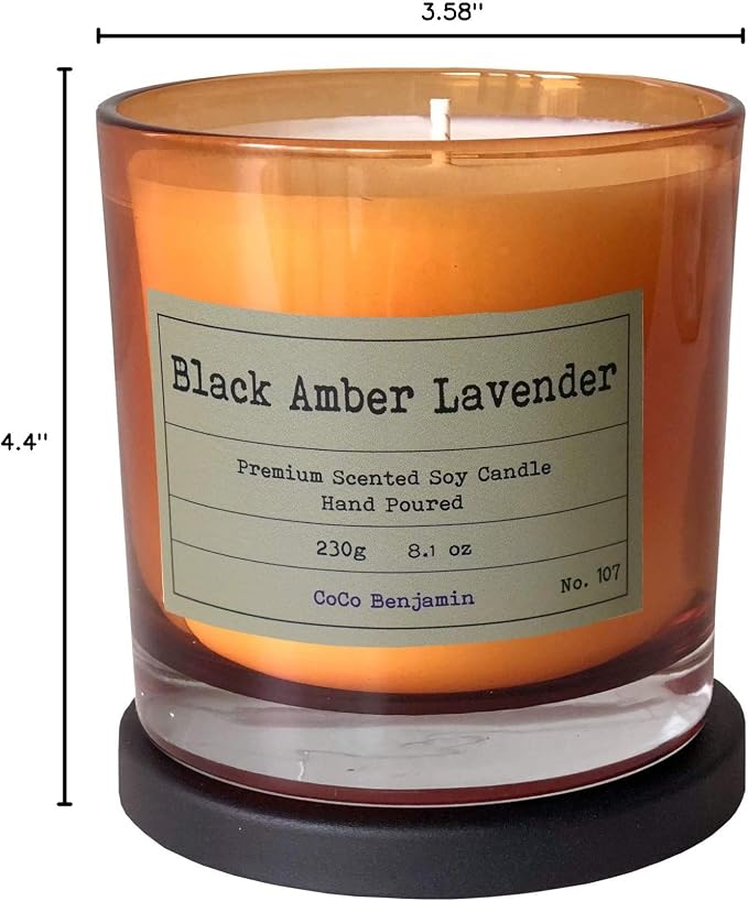 100% Natural Soy Wax Candle by CoCo Benjamin - Highly Scented & Hand-Poured Luxury Candle (Black Amber Lavender) - Clean Burning Cotton Wick