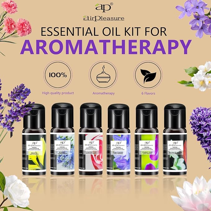 Blossom Essential Oils Set, 6x15ml Aromatherapy Oil Kit for Diffuser, Humidifier, Air Purifier- Aqua Lily, Water Hyacinth, Jasmine & Camellia, English Violet, Bulgarian Rose, Lavender