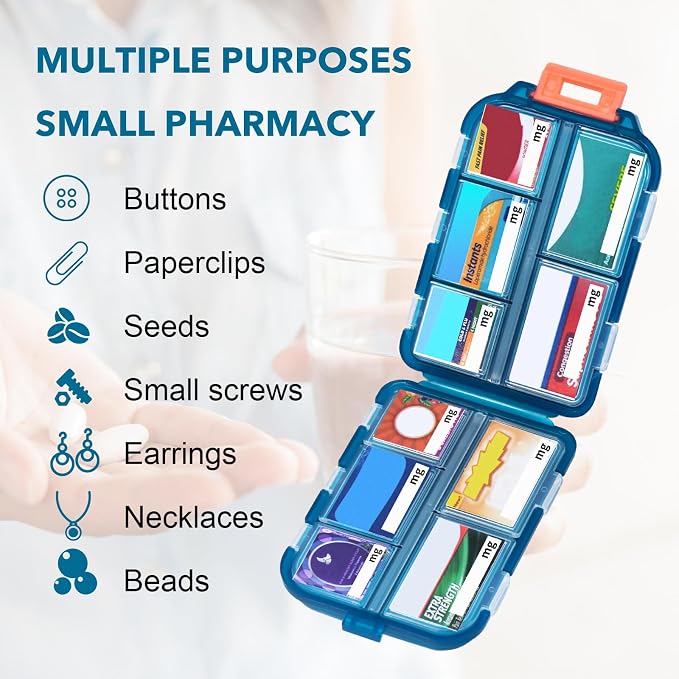 Large Pill Organizer with 189 Medicine Labels, 10 Compartments Pill Case Compact Portable Travel Pill Box for Airplane Car Purse Nurse Vacation Essentials (Green, 1 Pack)