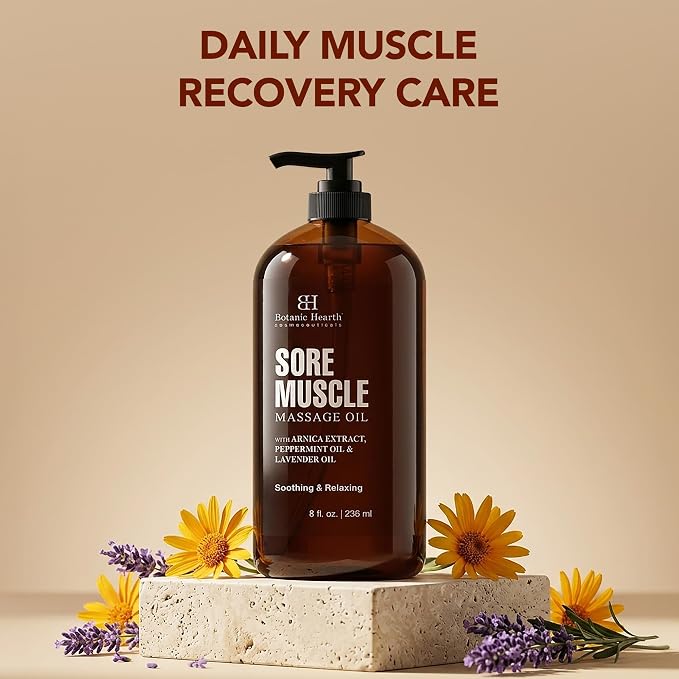 Botanic Hearth Soremuscle Massage Oil 8 Fl Oz| Refreshing, Relaxing Massage Oils for Muscle Relaxing & Joint Comfort | Made with Natural Oils | for All Skin Types, for Men & Women