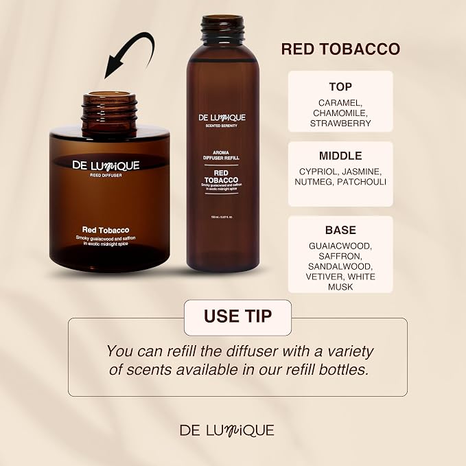 Red Tobacco Scent Reed Diffuser Refill, Premium Essential Oils, 150ml/5.07 fl oz, Long-Lasting 8-12 Weeks
