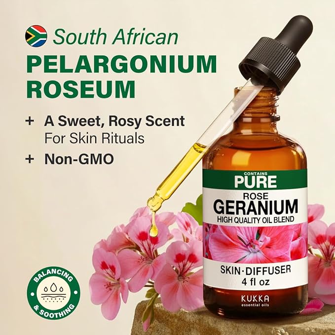 100% Pure Rose Geranium Oil - 4 Fl Oz Rose Geranium Essential Oil for Hair, Skin, Diffuser, Aromatherapy & DIY Soap Making Scent