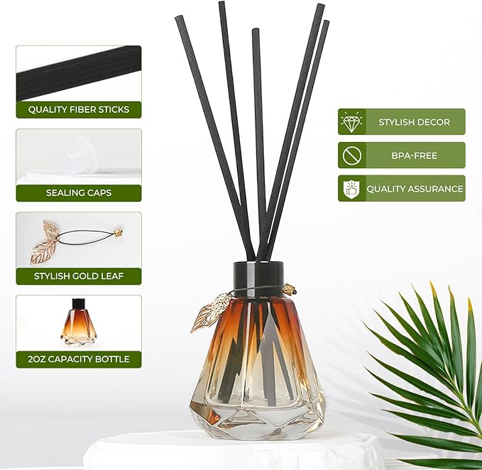 Reed Diffuser Set - 4 Empty Bottles with 20 Sticks, Delicate Gold Leaf Decor, Glass Fragrance Diffuser with Lids for Home, Bathroom | Refillable, Diamond Style (4 PCS Black)
