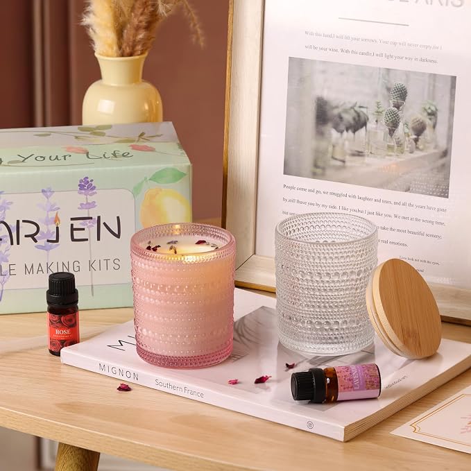 DARJEN Candle Making Kits for Beginners, DIY Starter Scented Candles Making Kit - 2 Glass Jars(Clear, Pink), Soy Wax, Scented, Card & More, Full Soy Candle Making Supplies Set Perfect Gifts