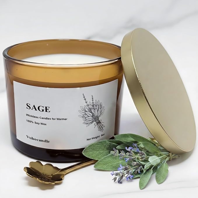 VOHO Sage Wickless Candles for Candle Warmer Lamp, 9oz Soy Candles with Stirring Spoon & Lid, Wickless Sage Candle for Wax Lamp Warmer, Scented Candles Gifts for Women Men Birthday Winter Home Decor