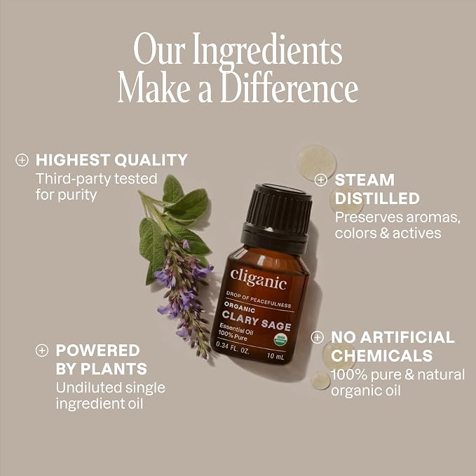 Cliganic Organic Clary Sage Essential Oil, 100% Pure Natural for Aromatherapy | Non-GMO Verified