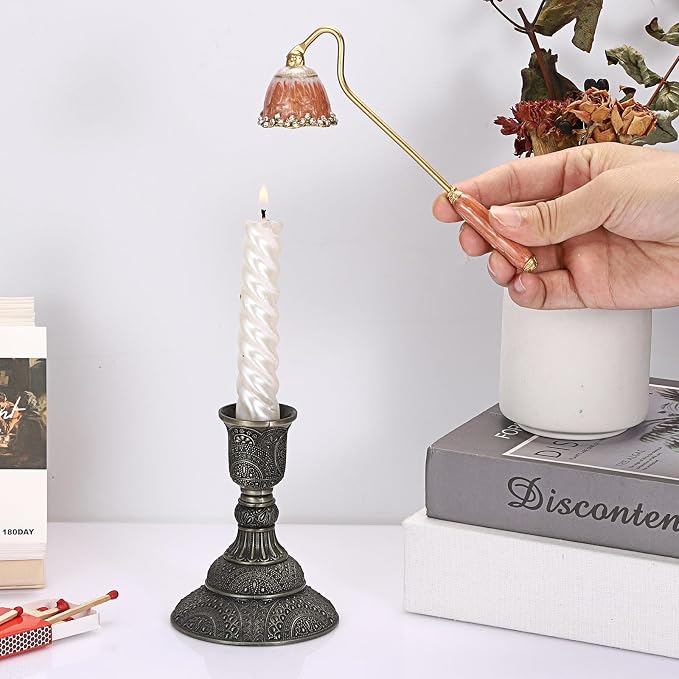 OwnMy Candle Snuffer Decorative Metal Candle Extinguisher with Long Handle, Vintage Candle Flame Snuffer and Wick Trimmer Tool, Elegant Candles Care Accessory Kit, Orange