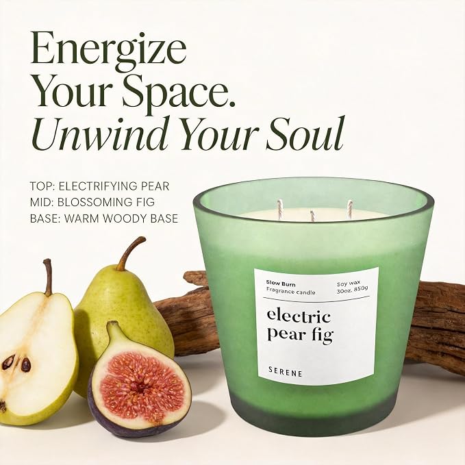 Hidden Label Electric Pear Fig Scented Candle, 30oz Large 3 Wick Natural Soy Wax Candle, 120 Hours Slow Burn Aromatherapy Candle for Home, Serene Collection Luxury Home Décor