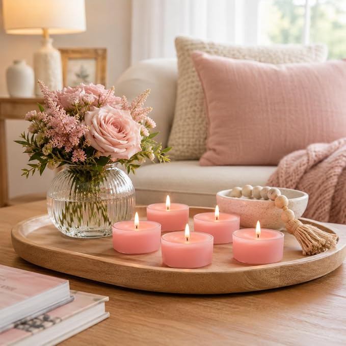 Dusty Pink Tea Lights Set of 24, Rose Scented Tealight Candles, Handmade Tea Candles, Long Burning Tealights for Romantic Wedding Home Decor Gift
