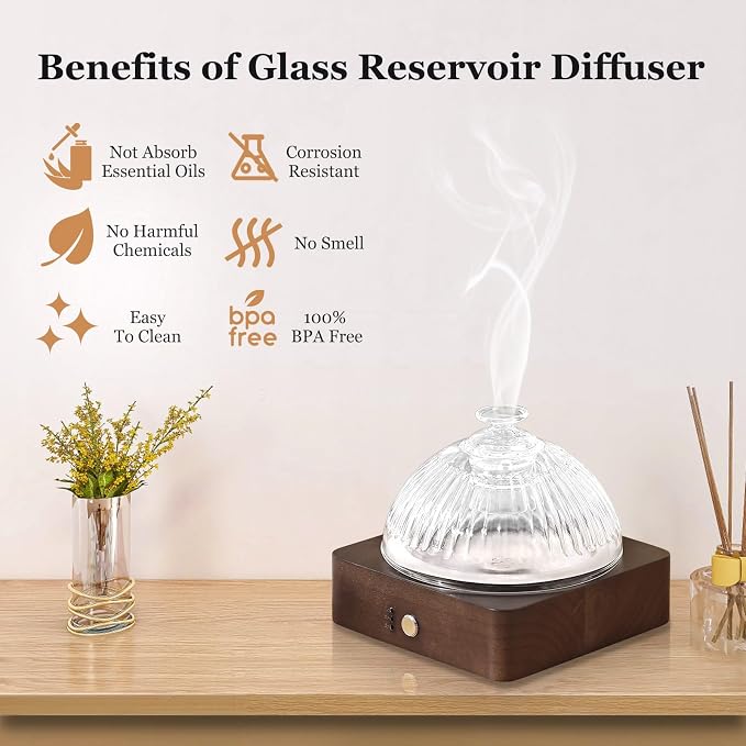Lecdura Glass Essential Oil Diffuser with Glass Reservoir & WoodBase, 200ml Ultrasonic Lock Color Timer Auto-Off 7 Color Light Aroma Glass Dome Diffuser for Home Office Bedroom Yoga - Dark Brown