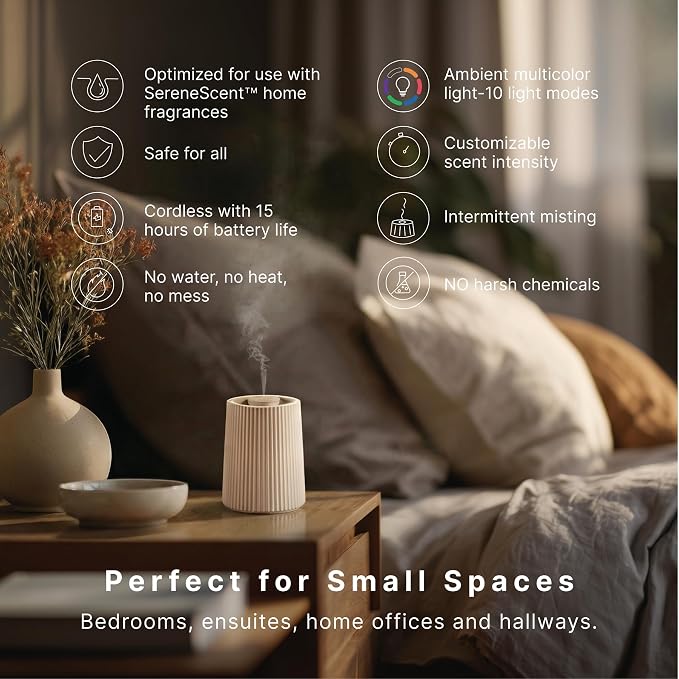 Homedics Waterless Essential Oil Diffuser with 15ml Vanilla Cedarwood Fragrance Oil. SereneScent Cordless Cold Air Scent Diffuser Starter Kit with Ambient Light, Studio 671 (Beige)