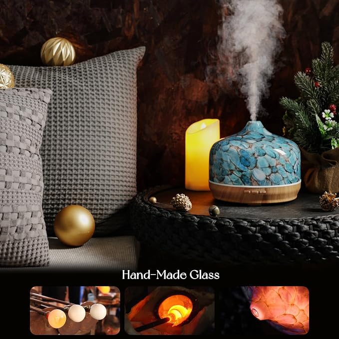 Porseme 500ml Glass Essential Oil Diffuser Aromatherapy Ultrasonic Cool Mist Humidifier 15-21 Running Hours Diffusers with Remote Control for Sleeping Yoga Working Spa(Blue）