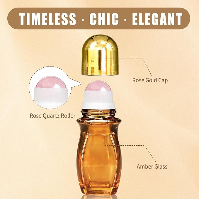 Rose Quartz Roller Bottles for Essential Oils, 50ml Refillable Waist Amber Glass Roll On Bottles with Natural Crystal Roller Balls, Leak-Proof Travel Perfume Bottle with Gold Caps