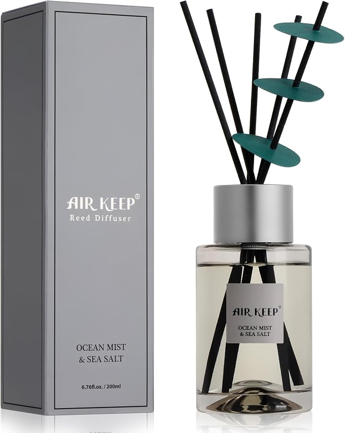 Airkeep Reed Diffuser/Grey Reed Diffuser Set/6.7 oz(200ml)/Ocean Mist&Sea Salt Oil Diffuser & Reed Diffuser Sticks/Home Decor & Office Decor, Fragrance and Gifts