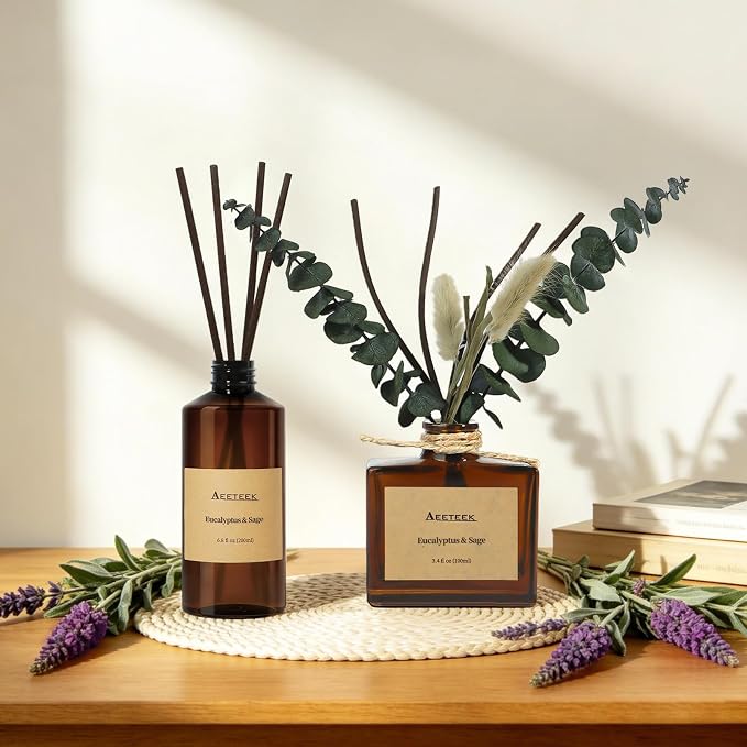 Reed Diffuser, Sage & Eucalyptus Essential Oil Refill with Diffuser Sticks, 6.8 Fl Oz (200ml) Scented Diffusers, Long-Lasting Fragrance for Home Decor